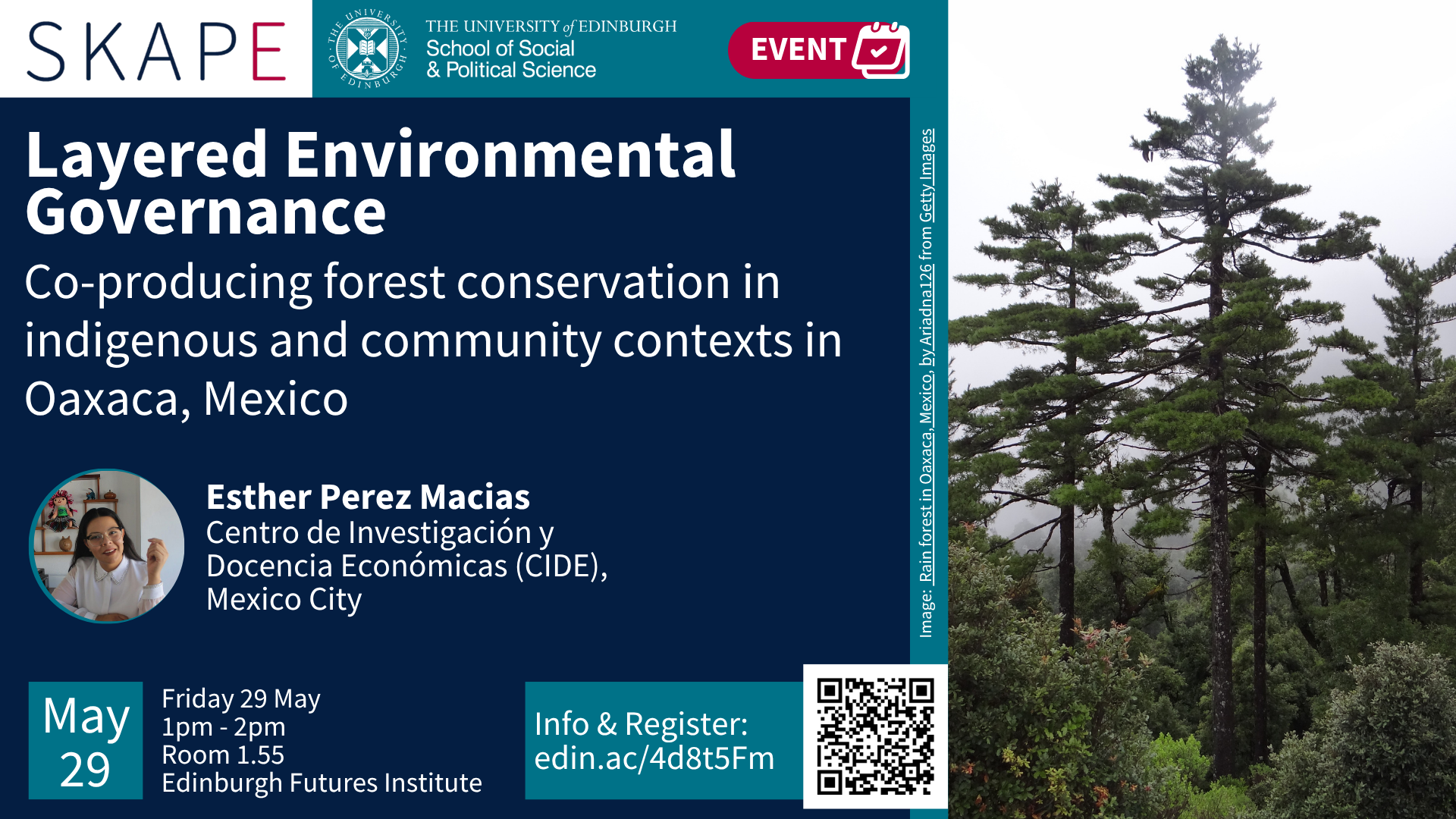 Image of the presenter and a forest in Oaxaca